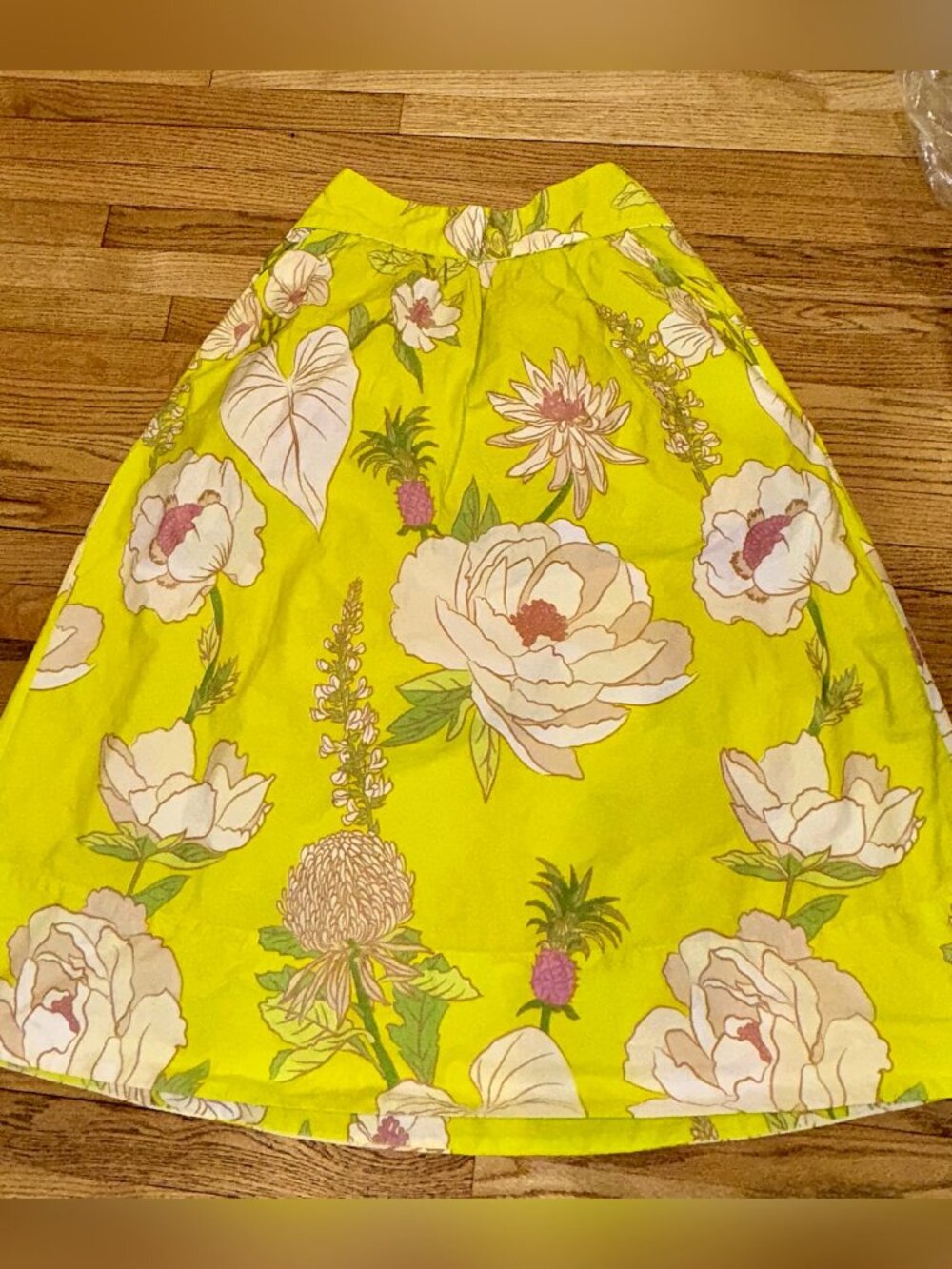 FARM Rio Bright Yellow Floral Cotton A-Line Midi Skirt M
